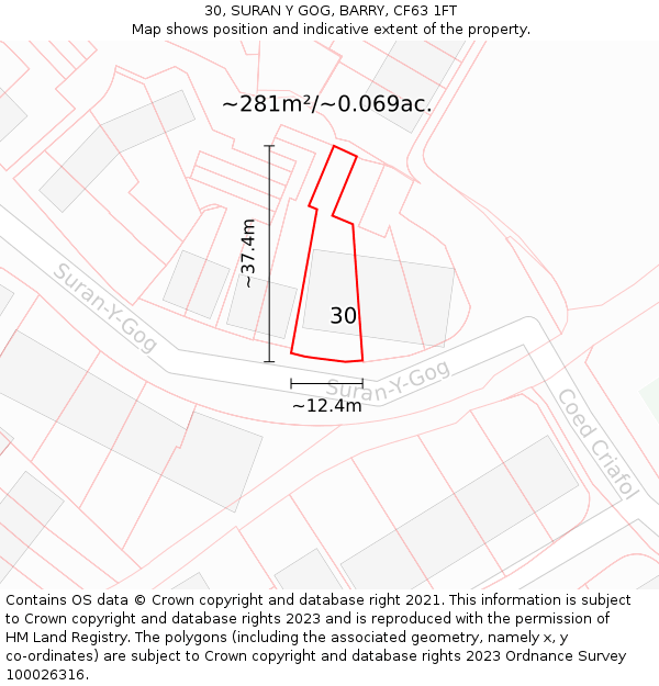 30, SURAN Y GOG, BARRY, CF63 1FT: Plot and title map