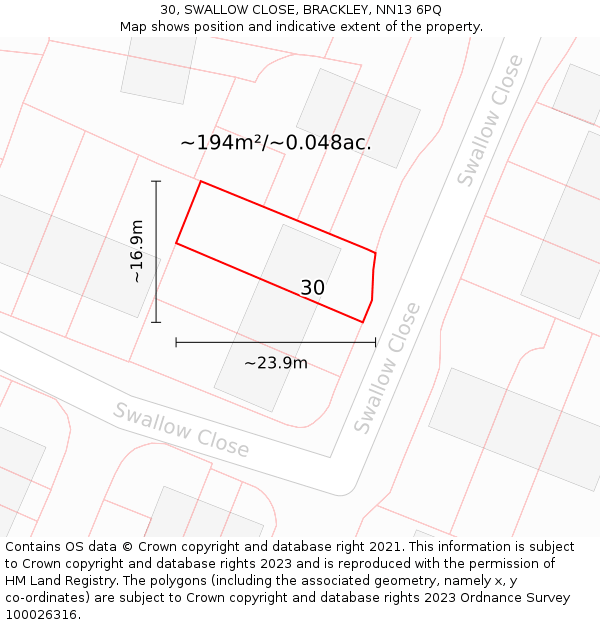 30, SWALLOW CLOSE, BRACKLEY, NN13 6PQ: Plot and title map