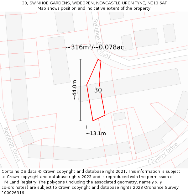 30, SWINHOE GARDENS, WIDEOPEN, NEWCASTLE UPON TYNE, NE13 6AF: Plot and title map