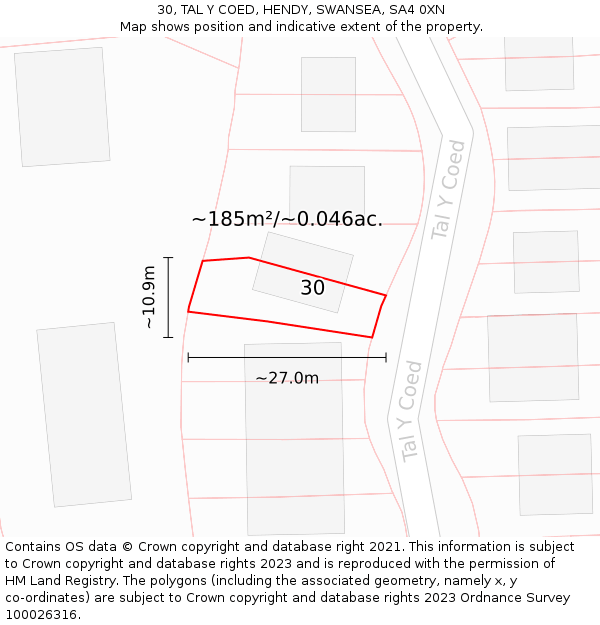 30, TAL Y COED, HENDY, SWANSEA, SA4 0XN: Plot and title map