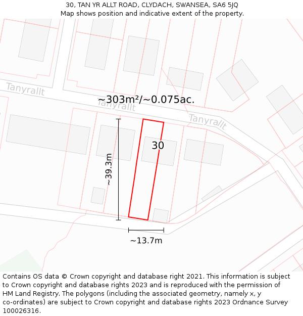 30, TAN YR ALLT ROAD, CLYDACH, SWANSEA, SA6 5JQ: Plot and title map