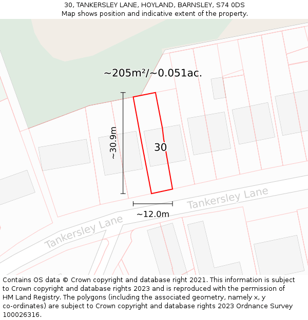 30, TANKERSLEY LANE, HOYLAND, BARNSLEY, S74 0DS: Plot and title map