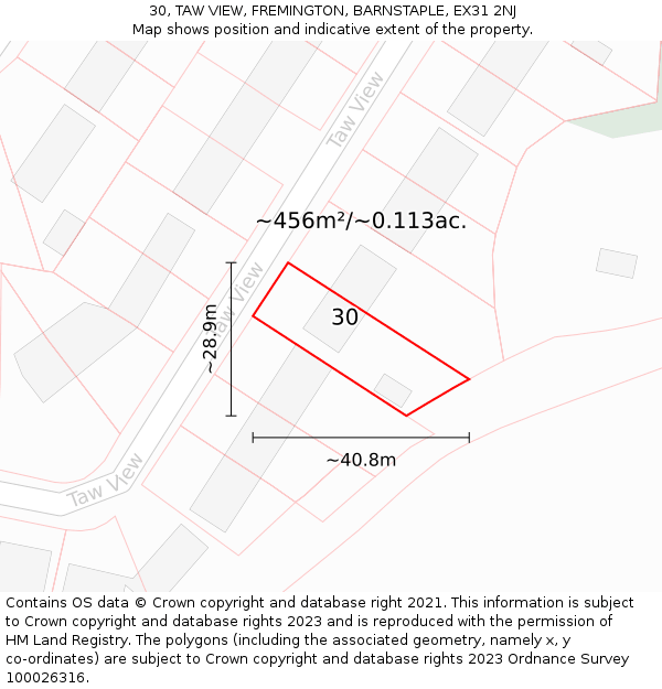 30, TAW VIEW, FREMINGTON, BARNSTAPLE, EX31 2NJ: Plot and title map