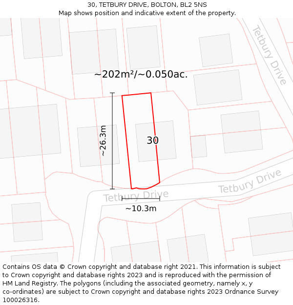 30, TETBURY DRIVE, BOLTON, BL2 5NS: Plot and title map