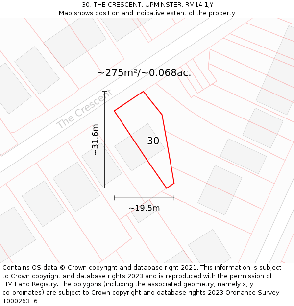 30, THE CRESCENT, UPMINSTER, RM14 1JY: Plot and title map