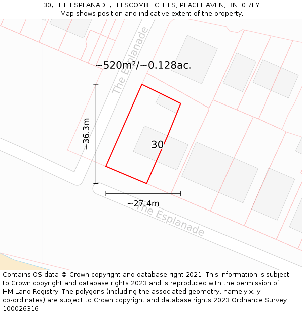 30, THE ESPLANADE, TELSCOMBE CLIFFS, PEACEHAVEN, BN10 7EY: Plot and title map