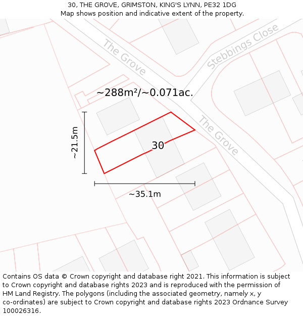 30, THE GROVE, GRIMSTON, KING'S LYNN, PE32 1DG: Plot and title map