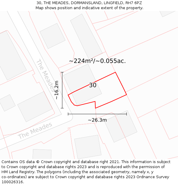 30, THE MEADES, DORMANSLAND, LINGFIELD, RH7 6PZ: Plot and title map