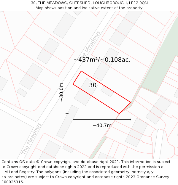 30, THE MEADOWS, SHEPSHED, LOUGHBOROUGH, LE12 9QN: Plot and title map