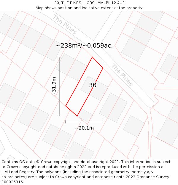 30, THE PINES, HORSHAM, RH12 4UF: Plot and title map