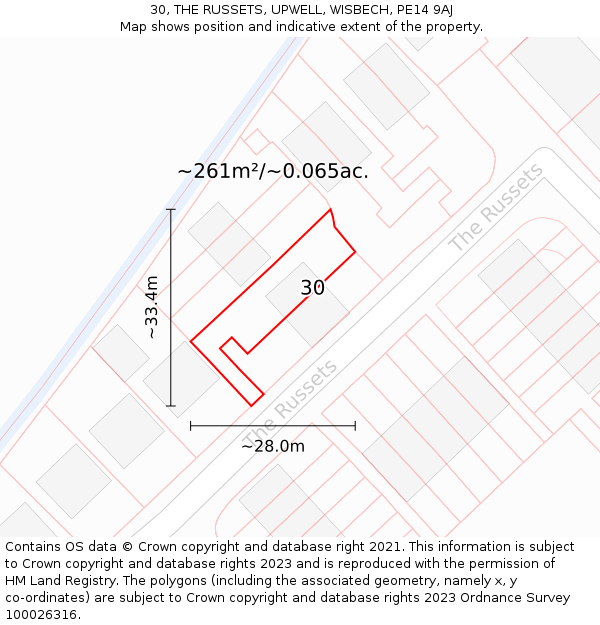 30, THE RUSSETS, UPWELL, WISBECH, PE14 9AJ: Plot and title map