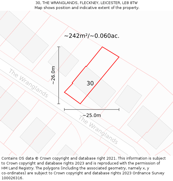 30, THE WRANGLANDS, FLECKNEY, LEICESTER, LE8 8TW: Plot and title map