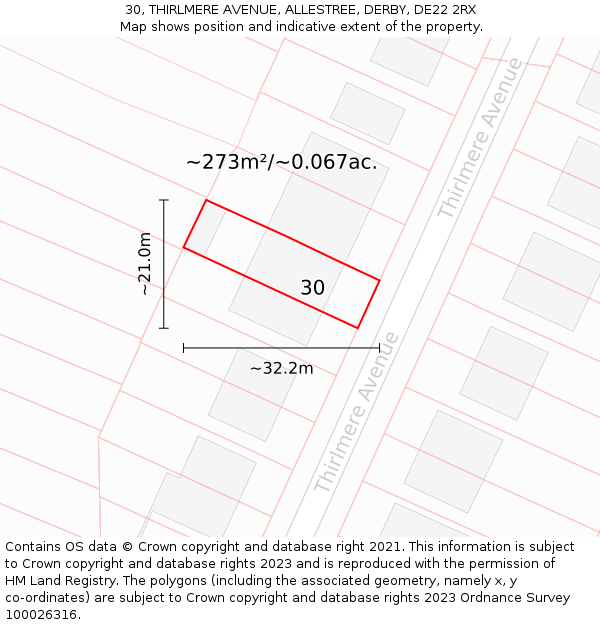 30, THIRLMERE AVENUE, ALLESTREE, DERBY, DE22 2RX: Plot and title map
