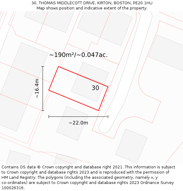 30, THOMAS MIDDLECOTT DRIVE, KIRTON, BOSTON, PE20 1HU: Plot and title map