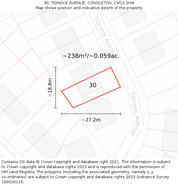 30, TIDNOCK AVENUE, CONGLETON, CW12 2HW: Plot and title map