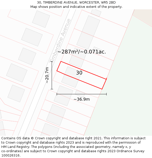 30, TIMBERDINE AVENUE, WORCESTER, WR5 2BD: Plot and title map