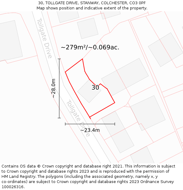 30, TOLLGATE DRIVE, STANWAY, COLCHESTER, CO3 0PF: Plot and title map