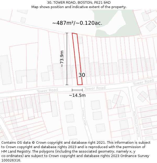 30, TOWER ROAD, BOSTON, PE21 9AD: Plot and title map