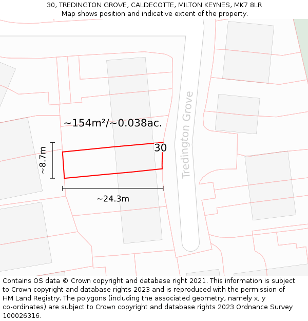 30, TREDINGTON GROVE, CALDECOTTE, MILTON KEYNES, MK7 8LR: Plot and title map