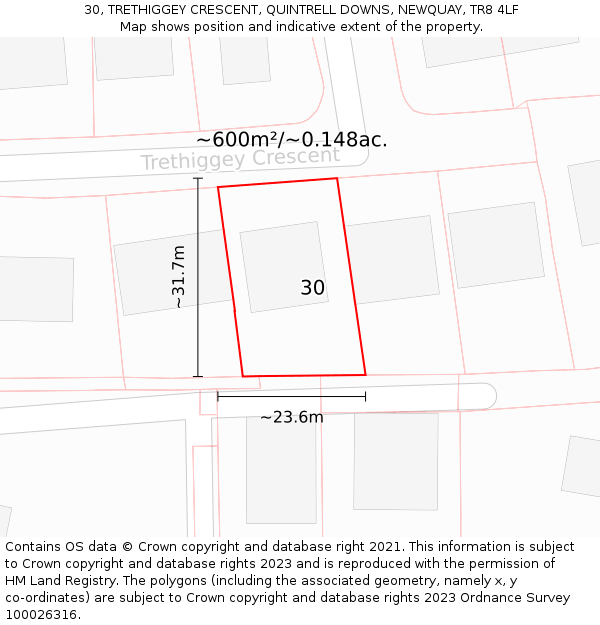 30, TRETHIGGEY CRESCENT, QUINTRELL DOWNS, NEWQUAY, TR8 4LF: Plot and title map