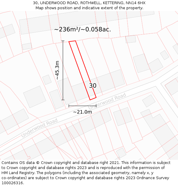 30, UNDERWOOD ROAD, ROTHWELL, KETTERING, NN14 6HX: Plot and title map