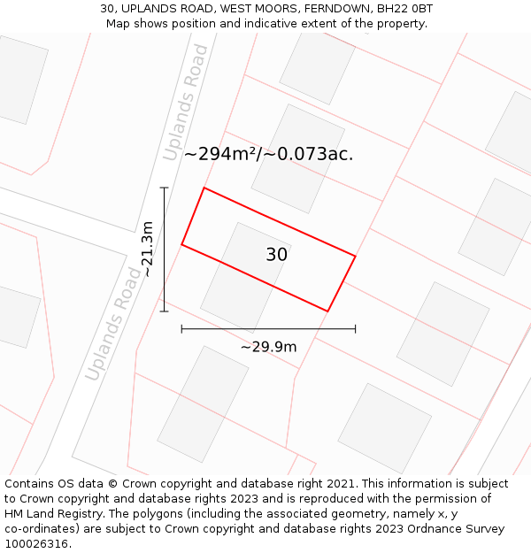 30, UPLANDS ROAD, WEST MOORS, FERNDOWN, BH22 0BT: Plot and title map