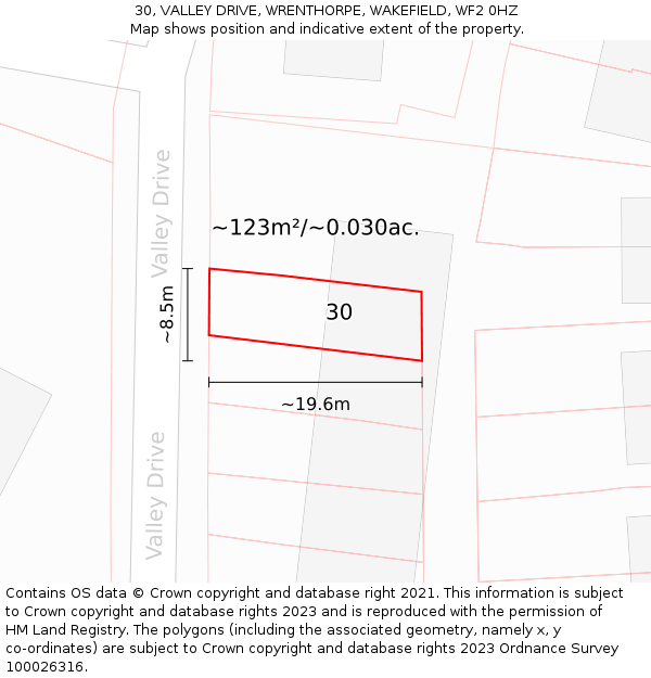 30, VALLEY DRIVE, WRENTHORPE, WAKEFIELD, WF2 0HZ: Plot and title map