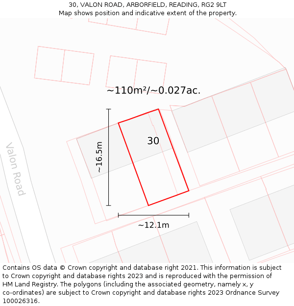 30, VALON ROAD, ARBORFIELD, READING, RG2 9LT: Plot and title map