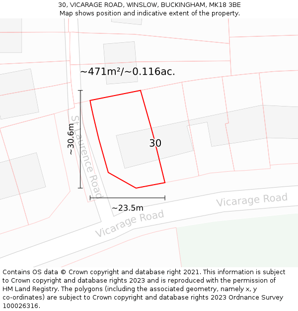 30, VICARAGE ROAD, WINSLOW, BUCKINGHAM, MK18 3BE: Plot and title map