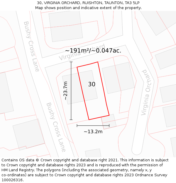 30, VIRGINIA ORCHARD, RUISHTON, TAUNTON, TA3 5LP: Plot and title map