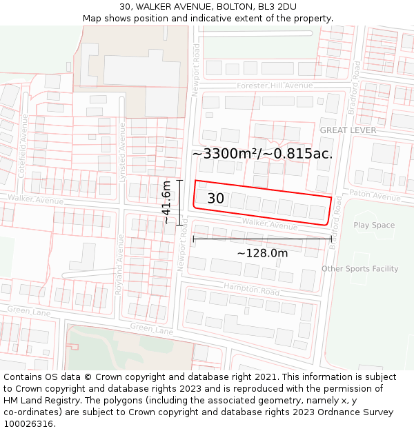 30, WALKER AVENUE, BOLTON, BL3 2DU: Plot and title map