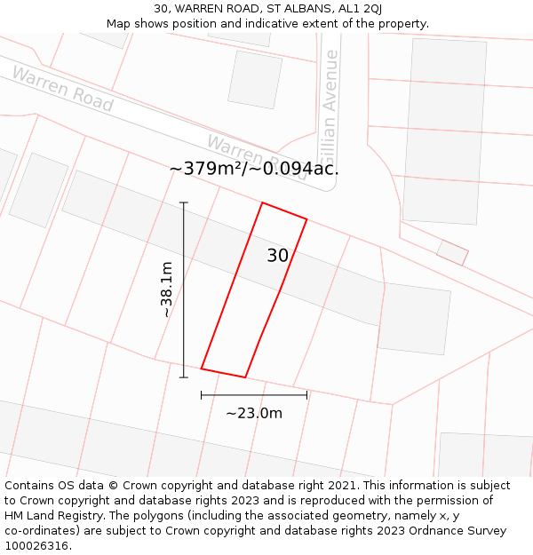 30, WARREN ROAD, ST ALBANS, AL1 2QJ: Plot and title map