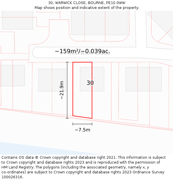 30, WARWICK CLOSE, BOURNE, PE10 0WW: Plot and title map