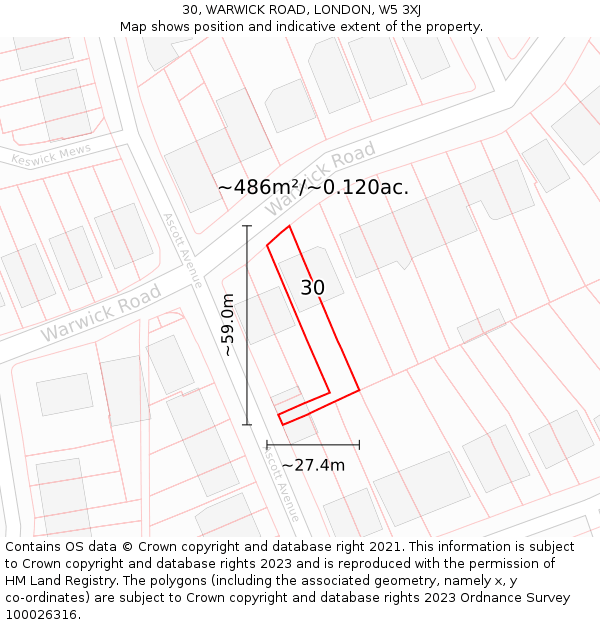 30, WARWICK ROAD, LONDON, W5 3XJ: Plot and title map