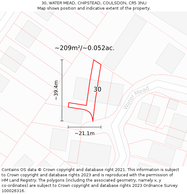 30, WATER MEAD, CHIPSTEAD, COULSDON, CR5 3NU: Plot and title map