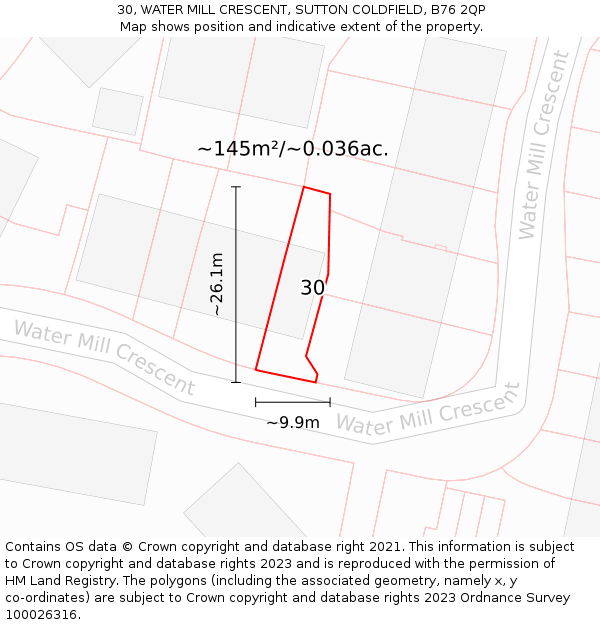 30, WATER MILL CRESCENT, SUTTON COLDFIELD, B76 2QP: Plot and title map