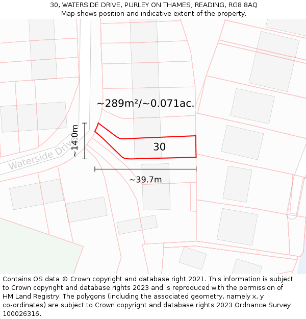 30, WATERSIDE DRIVE, PURLEY ON THAMES, READING, RG8 8AQ: Plot and title map