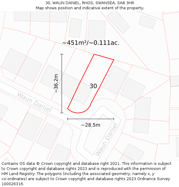 30, WAUN DANIEL, RHOS, SWANSEA, SA8 3HR: Plot and title map