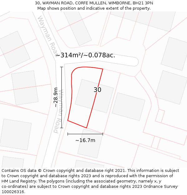 30, WAYMAN ROAD, CORFE MULLEN, WIMBORNE, BH21 3PN: Plot and title map