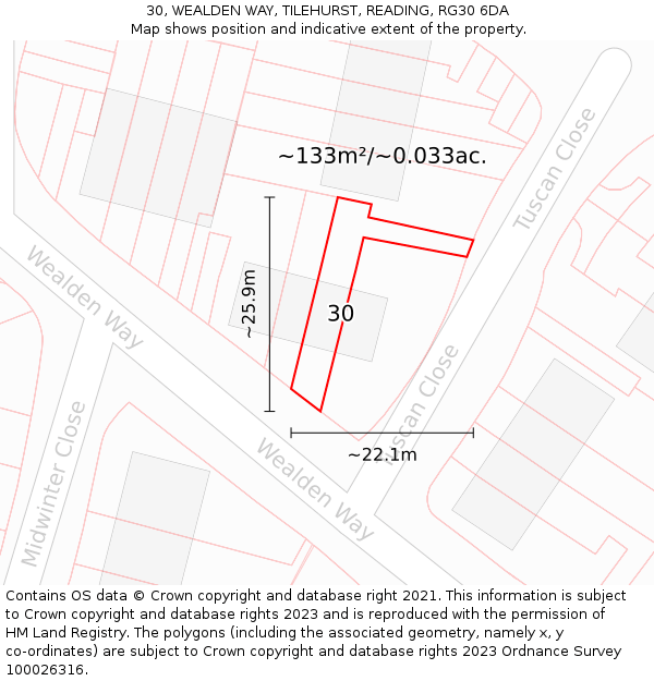 30, WEALDEN WAY, TILEHURST, READING, RG30 6DA: Plot and title map