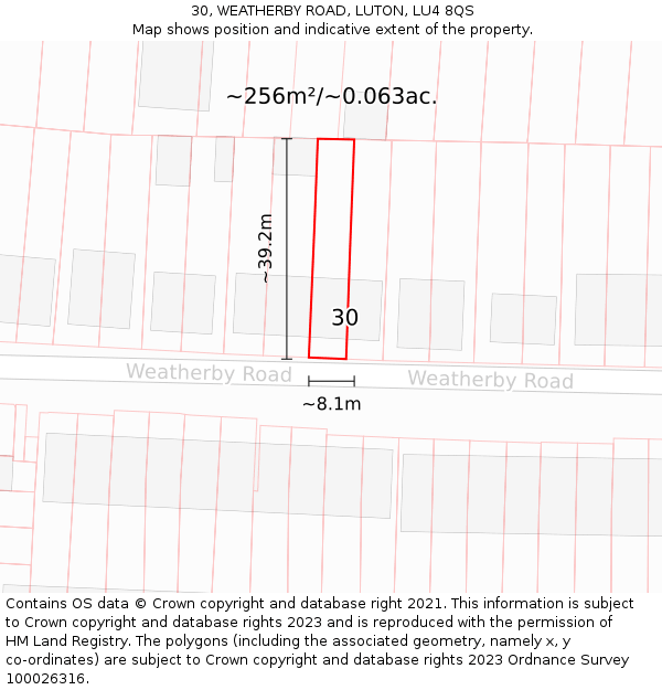 30, WEATHERBY ROAD, LUTON, LU4 8QS: Plot and title map