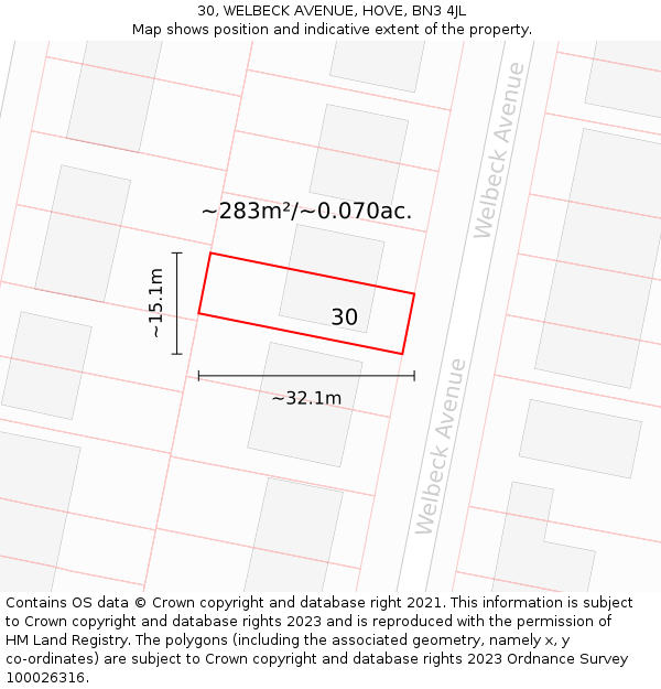 30, WELBECK AVENUE, HOVE, BN3 4JL: Plot and title map