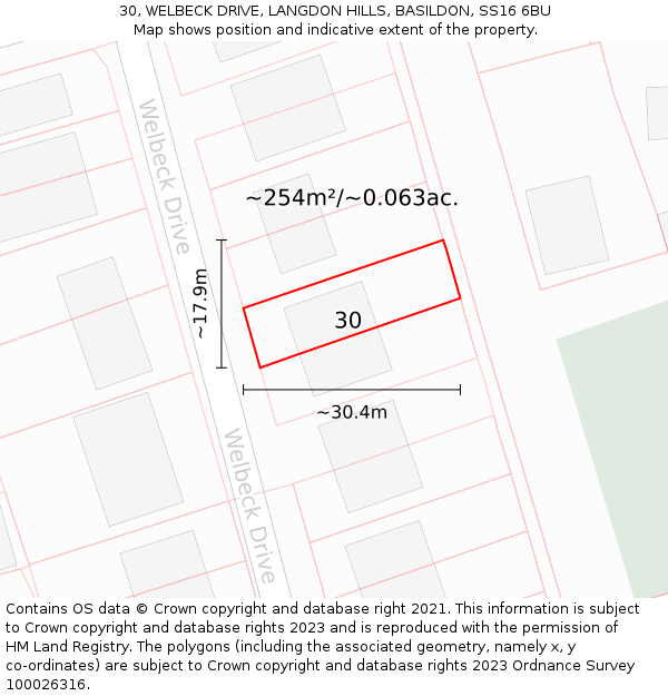 30, WELBECK DRIVE, LANGDON HILLS, BASILDON, SS16 6BU: Plot and title map