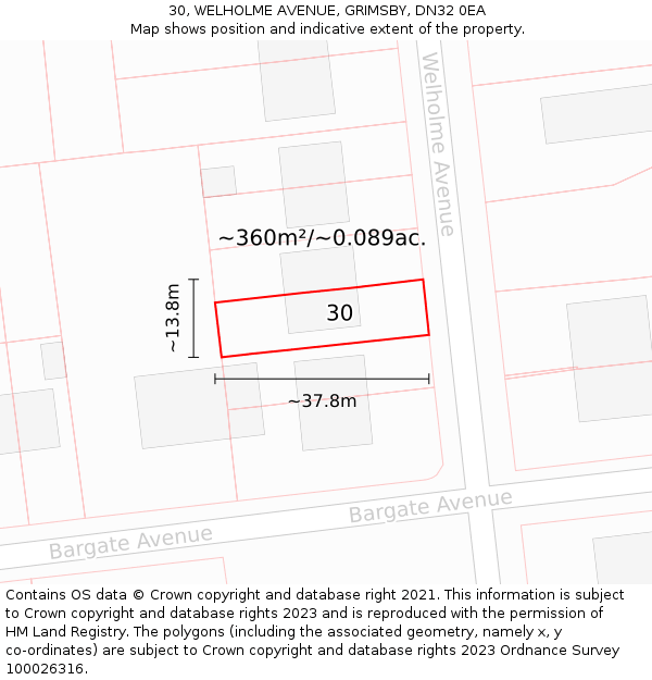 30, WELHOLME AVENUE, GRIMSBY, DN32 0EA: Plot and title map