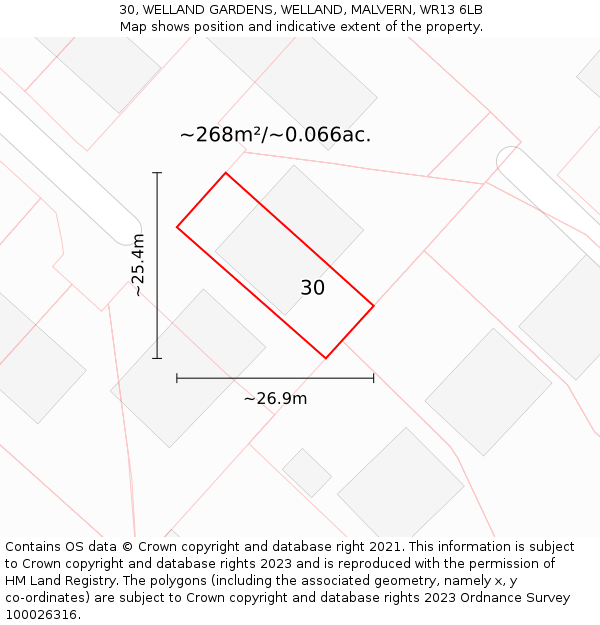 30, WELLAND GARDENS, WELLAND, MALVERN, WR13 6LB: Plot and title map