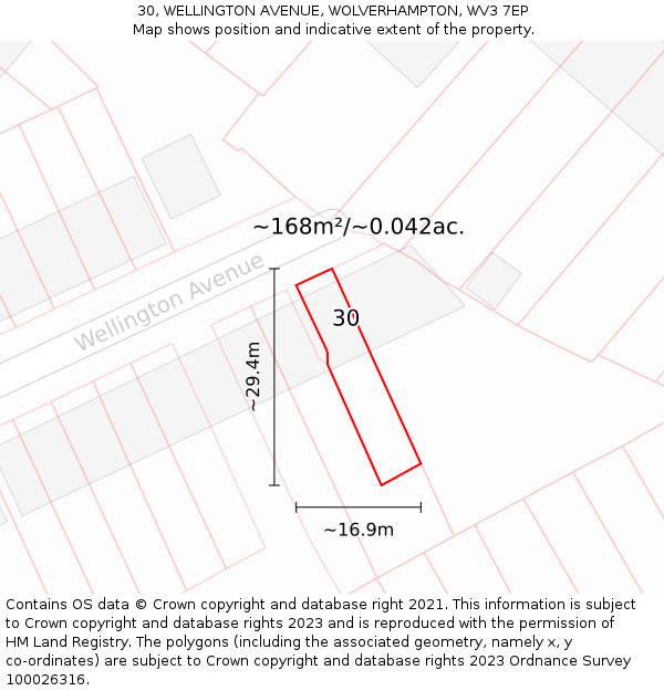 30, WELLINGTON AVENUE, WOLVERHAMPTON, WV3 7EP: Plot and title map