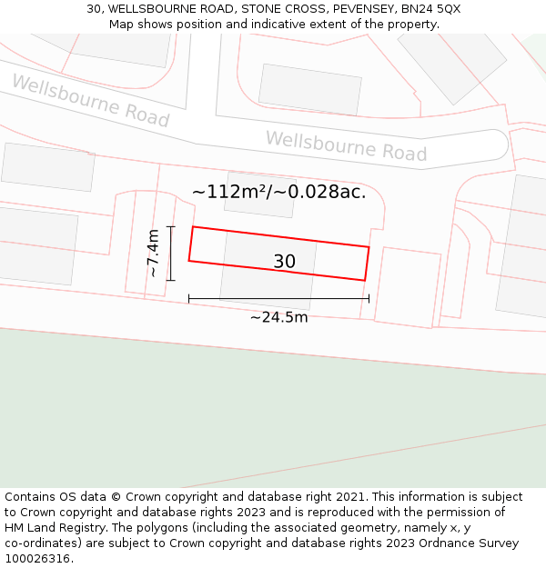 30, WELLSBOURNE ROAD, STONE CROSS, PEVENSEY, BN24 5QX: Plot and title map