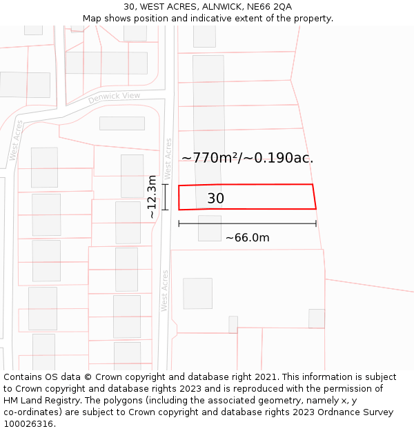 30, WEST ACRES, ALNWICK, NE66 2QA: Plot and title map