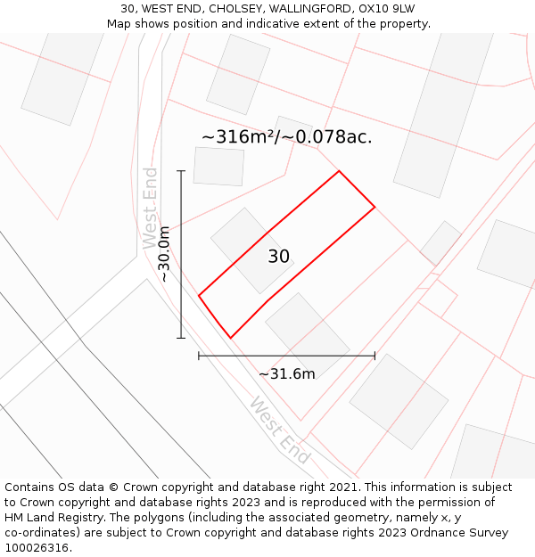 30, WEST END, CHOLSEY, WALLINGFORD, OX10 9LW: Plot and title map