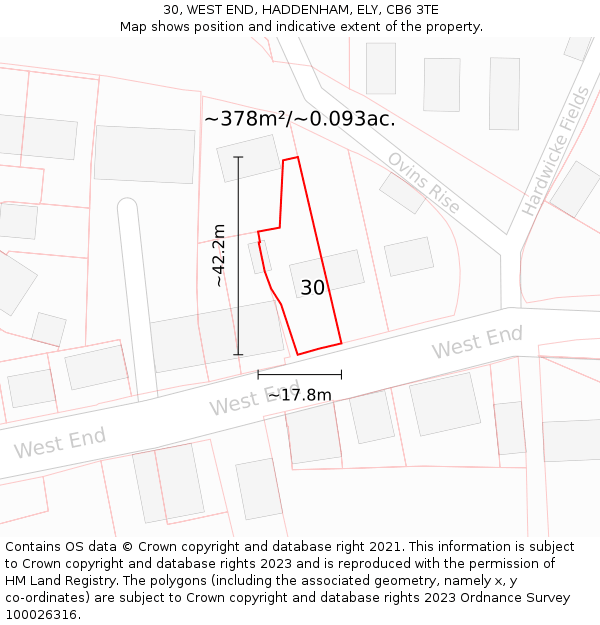 30, WEST END, HADDENHAM, ELY, CB6 3TE: Plot and title map